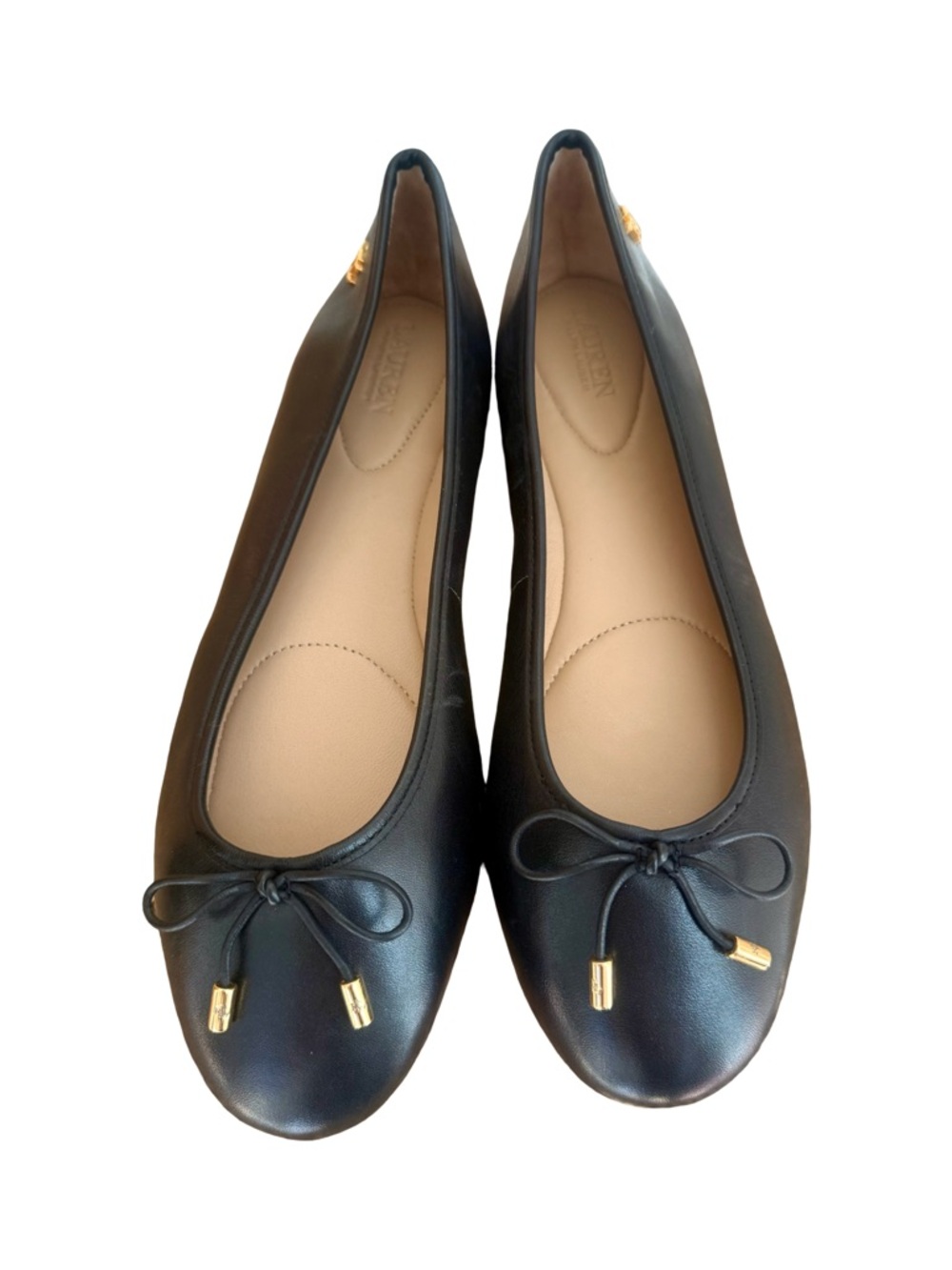 Lauren Ralph Lauren Black Leather Ballet Flats Gold Logo Size 9.5 - Picture 3 of 10